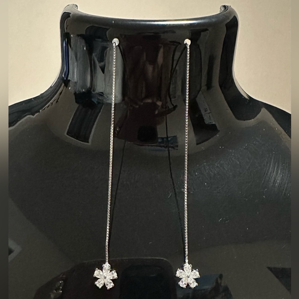 Sterling 925 Silver Glamorous CZ Flower Drop Thread Earrings